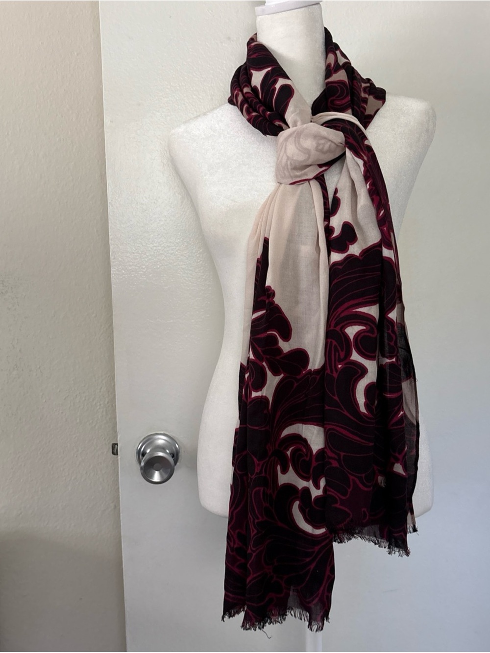 Chico's Cream and Burgundy Swirl Pattern Scarf